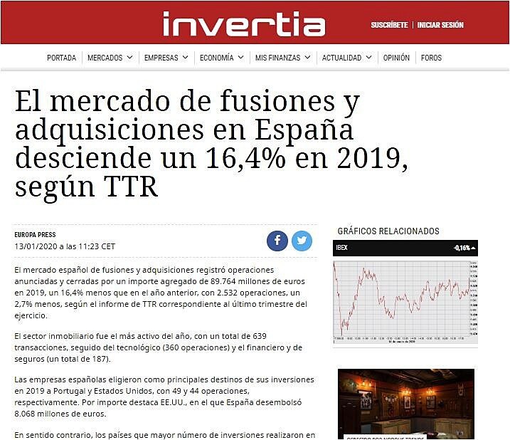 El mercado de fusiones y adquisiciones en Espaa desciende un 16,4% en 2019, segn TTR